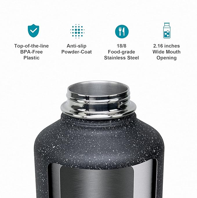 BUZIO Water Bottle with Straw lid, Spout Lid, Hand Lid and Carrying Pouch, 32oz 40oz 64oz Stainless Steel Water Flask Jug, Cold for 48 Hrs Hot for 24 Hrs Double Vacuum Thermo Canteen Mug, BPA-Free