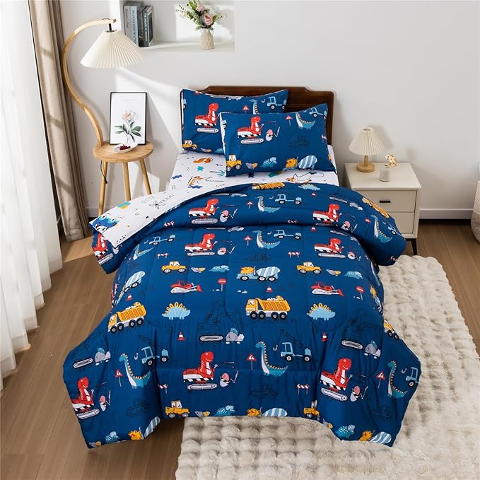 Meeting Story Construction Truck Car Twin Comforter Set for Boys,5 Pieces Dinosaur Bedding Set with Sheets and Pillowcases,Excavator Lightweight Microfiber Bedding Sets(Blue,Twin5pcs)