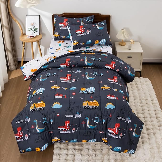 Meeting Story Construction Truck Car Full Comforter Set for Boys,5 Pieces Dinosaur Bedding Set with Sheets and Pillowcases,Excavator Lightweight Microfiber Bedding Sets(Grey,Full5pcs)