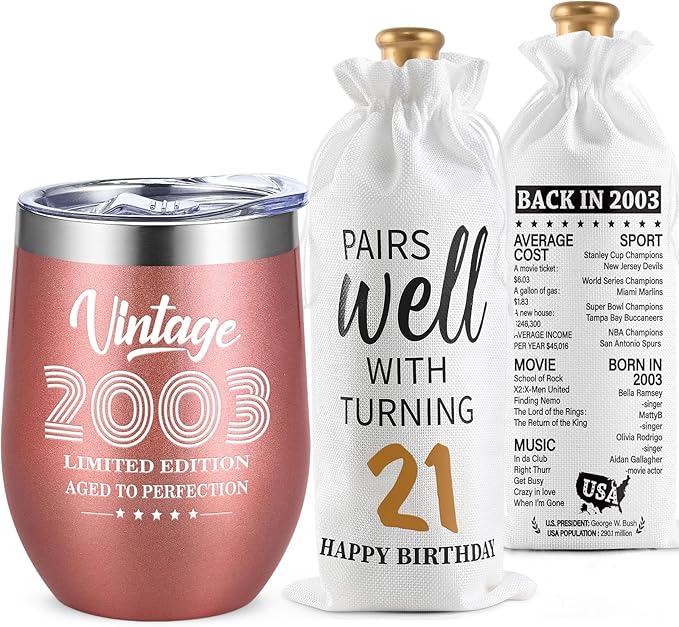 Lifecapido 21st Birthday Gifts for Her, 12oz Vintage 2003 Insulated Wine Tumbler with Wine Bag, Gifts for 21st Birthday Female, 21 Year Old Birthday Gifts for Her, 21st Birthday Presents for Daughter