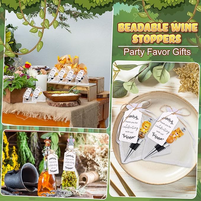 Gisafai 60 Pcs Beadable Wine Stoppers Bulk Include Beadable Bottle Stoppers Silicone Reusable Wine Saver Corks with Bags Labels Ropes for Baby Shower Gifts DIY Safari Jungle Animal Party Bar