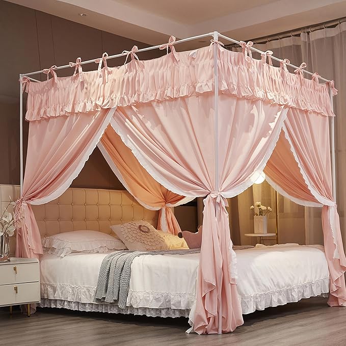 Ruffle Lace up 4 Corners Post Princess Curtain Bed Canopy Cozy Breathable Mosquito Net Cloth for Girls Adults Bedroom Decoration (Pink, 64" W*82" L*82" H/Queen)