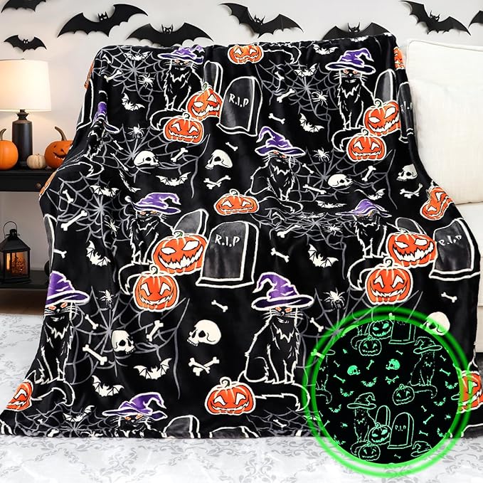 Halloween Blanket Pumpkin Glow in The Dark Blanket Cat Halloween Decorations Cute 60"x80"