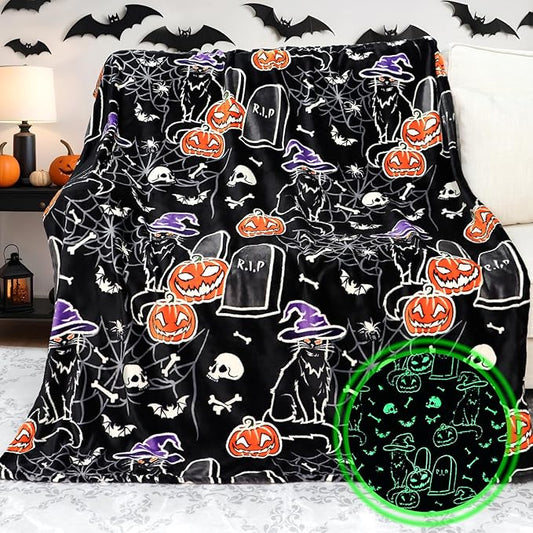 Halloween Blanket Pumpkin Glow in The Dark Blanket Cat Halloween Decorations Cute 60"x80"