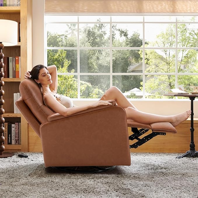 Swivel Rocking Recliner Glider Chair, Leather Reclining Rocker Chair with Footrest for Living Room, Nursery, Office, Bedroom, Ergonomic High Backrest, Wide Seat Cushion and Metal Base-Cocoa