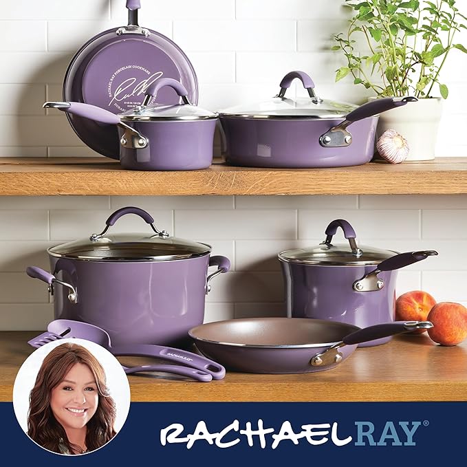 Rachael Ray Cucina Nonstick Cookware Pots and Pans Set, 12 Piece, Lavender Purple