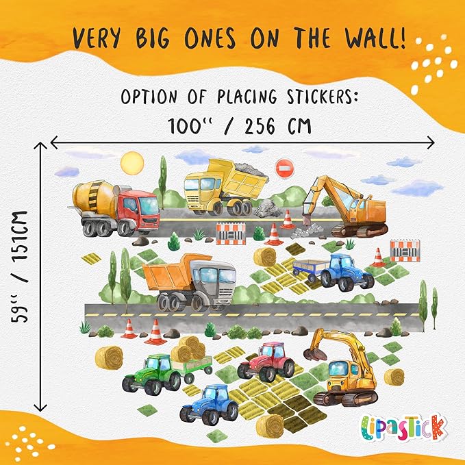 Large Car Wall Decals for Kids by Lipastick - 58 pcs Transports Wall Stickers Peel and Stick Truck Stickers – Construction Cars Wall Decals - Tractor Excavator City Nursery Playroom Wall Décor L Size