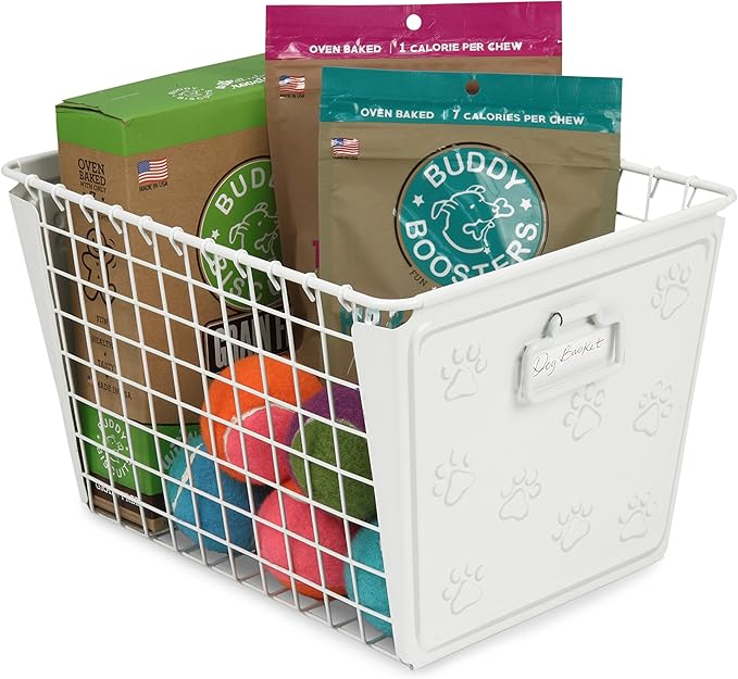 Spectrum Macklin Paw Printed Wire Basket Medium with Label Plate (White) - Storage Bin & Décor for Bathroom, Closet, Pantry, Under Sink, Toy, Shelf, Kitchen, & Nursery Organization