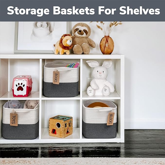 Goodpick Woven Storage Basket for Shelves, Baskets for Organizing, Cotton Rope Basket with Handles, Rectangle Basket for Baby Toy Storage, 13 x 10 x 9 Inches, White & Dark Grey