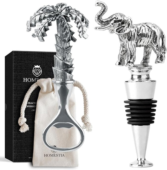 Homestia 2PCS Elephant Wine Stopper with Palm Tree Beer Bottle Opener Set, Wine Topper Seal Corks Silicone Wine Stopper, Reusable Cork Stoppers Bottle Toppers, Corks Stoppers