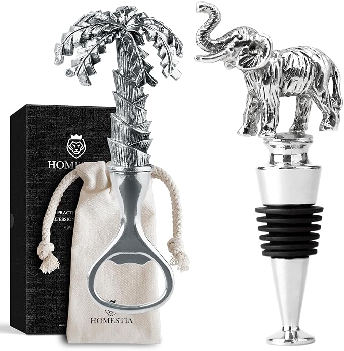 Homestia 2PCS Elephant Wine Stopper with Palm Tree Beer Bottle Opener Set, Wine Topper Seal Corks Silicone Wine Stopper, Reusable Cork Stoppers Bottle Toppers, Corks Stoppers