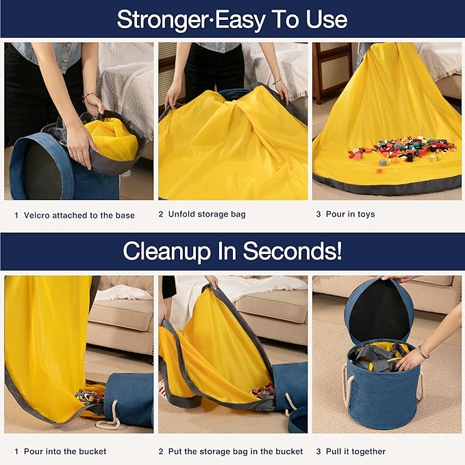 EXQ Home Toy Storage Basket and Building Bricks Toy Play Mat for Kids Rooms- Organizer Storage Organizer for Toys, Playroom Canvas Bag Gift for Boy/Girls (Navy 13" x12")