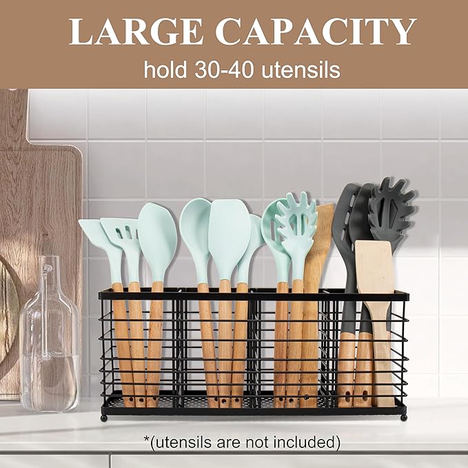 RedCall 4 Compartments Utensil Holder,Extra Large Cooking Utensil Organizer for Countertop,Black Metal Spoon Spatula Holder,Kitchen Tools Storage Holder,Kitchen Decor (4 Compartment)