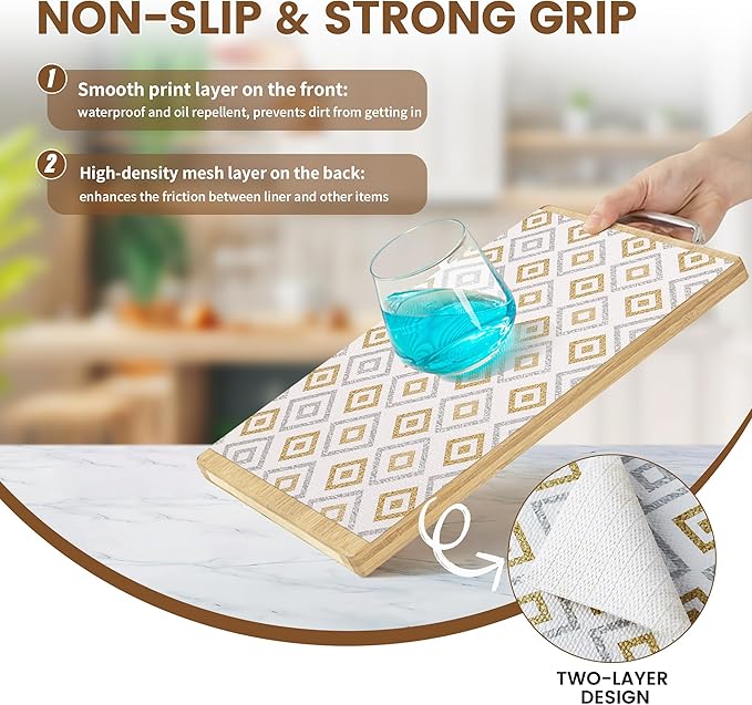 Shelf Liners for Kitchen Cabinets 15in X 15FT, Non Adhesive Cabinet Liner Strong Non-Slip Thickened Gold Geometric Drawer Liner, Washable Liner Easy to Clean for Shelf