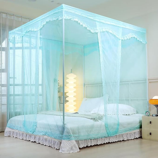 Bed Canopy, Princess Bed Curtain Net for Girls & Adults,Three-Doors Rectangle Lace Dome Netting (Green, King)