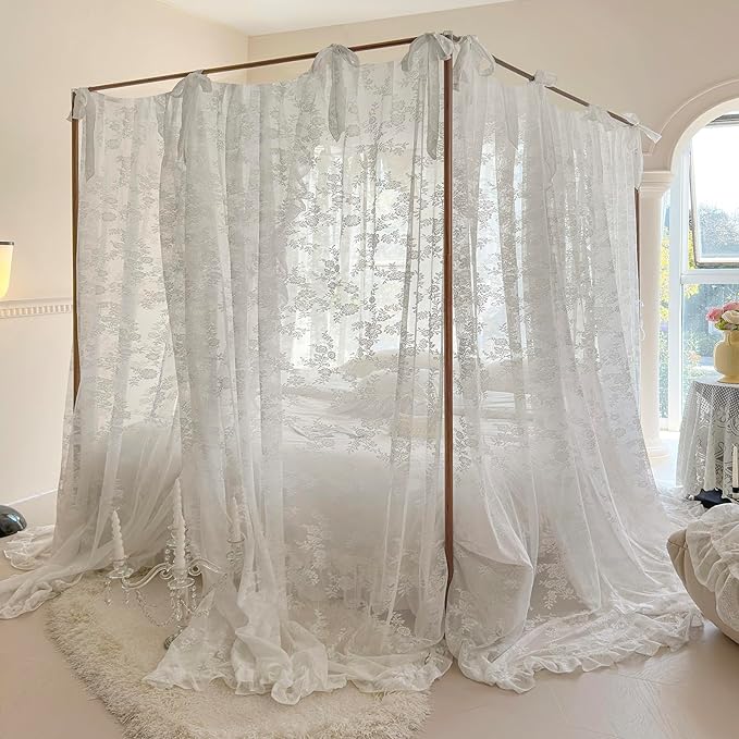 Mengersi Canopy Bed Curtains with Tie Backs,Bed Canopy Curtains Bed Drapes Sheer Curtains for Bedroom Decor(Queen,White