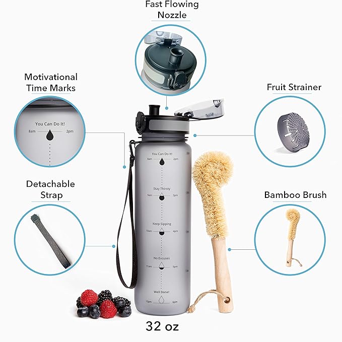 Motivational Water Bottle with Time Marker | 32oz Daily Water Intake Bottle | Gym Sports Water Bottle | Fruit Infuser Screen | 1 Liter BPA-Free Durable Leakproof with Eco-Friendly Brush (Rose)