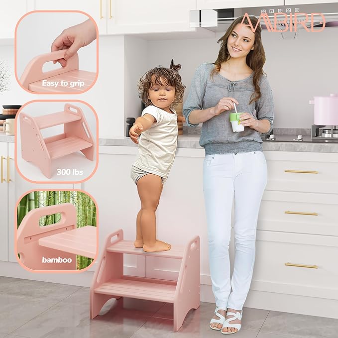 AMBIRD Wooden Step Stool, Two Step Stools Toddler 300 lbs Capacity with Safety Non-Slip Pads and Handles, Bamboo Step Stool for Bathroom, Kitchen Step Stools Dual Height Step Stools for Kids (Pink)