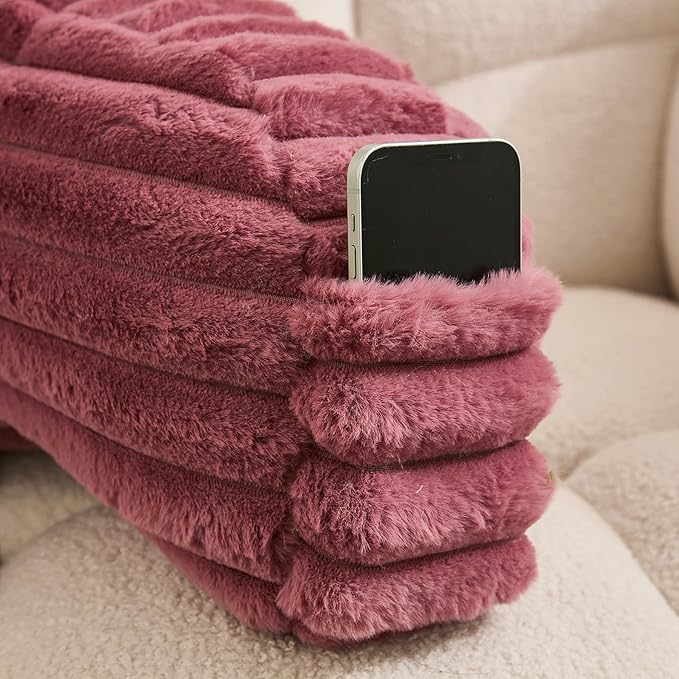 WERDIM Reading Pillow for Sitting in Bed, Faux Fur Back Pillow for Bed Rest, Bed Chair Pillow with Arms and Pockets(Standard, Dusty Rose)