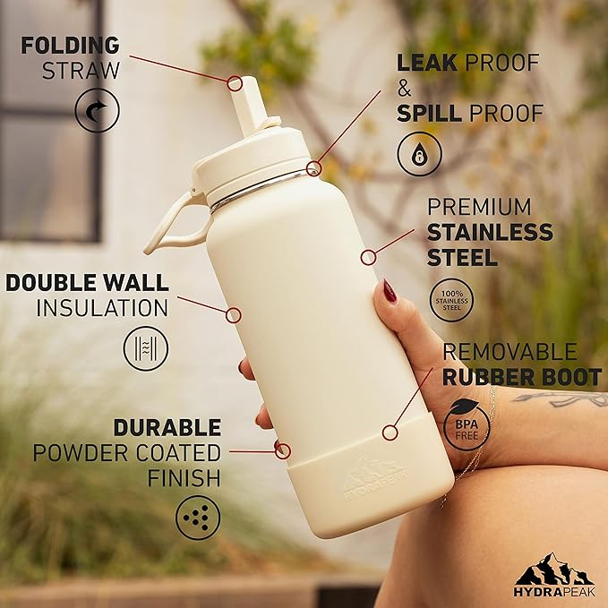 Hydrapeak 32oz Sport Insulated Water Bottle with Straw or Chug Lid, Leak & Spill Proof, Keeps Drinks Cold for 24 Hours, Hot for 12 Hours, Premium Stainless Steel Water Bottles (32oz, Navy)