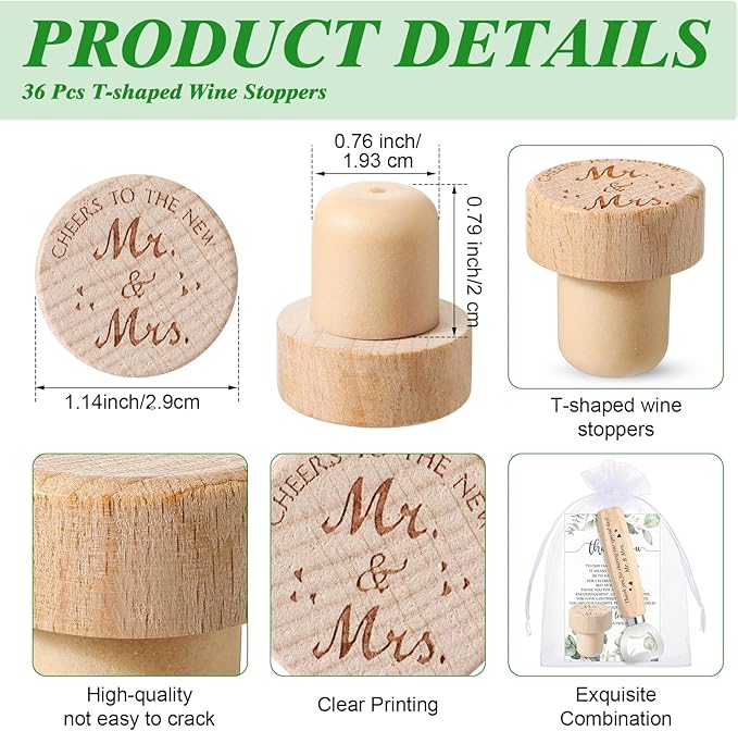Barydat 36 Sets Wedding Favors for Guests Mr and Mrs Wooden Wine Stopper Cork Beer Bottle Opener with Wedding Thank You Gift Card Organza Bag Wedding Gifts for Engagement Bridal Shower Party Supplies