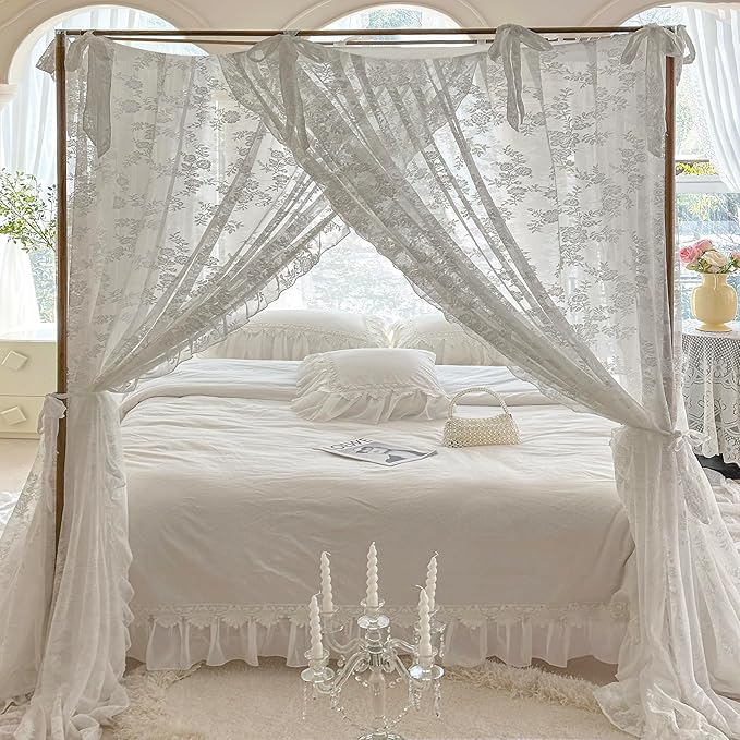 Mengersi Canopy Bed Curtains with Tie Backs,Bed Canopy Curtains Bed Drapes Sheer Curtains for Bedroom Decor(California King,White