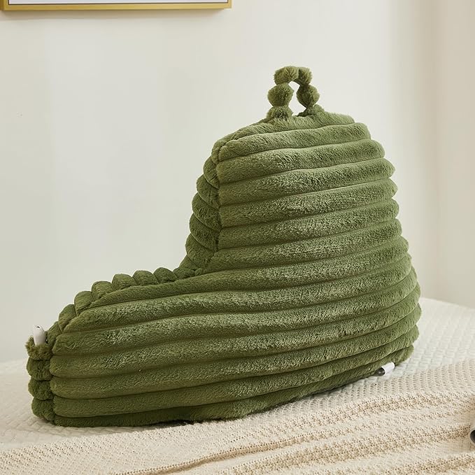 Faux Fur Fluffy Sage Reading Pillow with Pockets, Luxury Striped Plush Decorative, Arm Rests and Back Surport for Bed Rest, Lounging on sofa, Standard