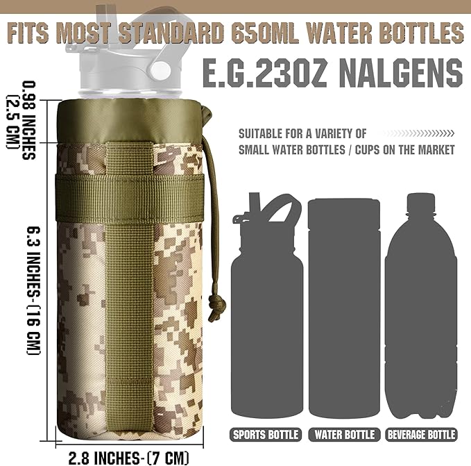 IronSeals Adjustable Tactical Water Bottle Pouch Foldable MOLLE Water Bottle Holder Drawstring Open Top Travel Water Bottle Bag