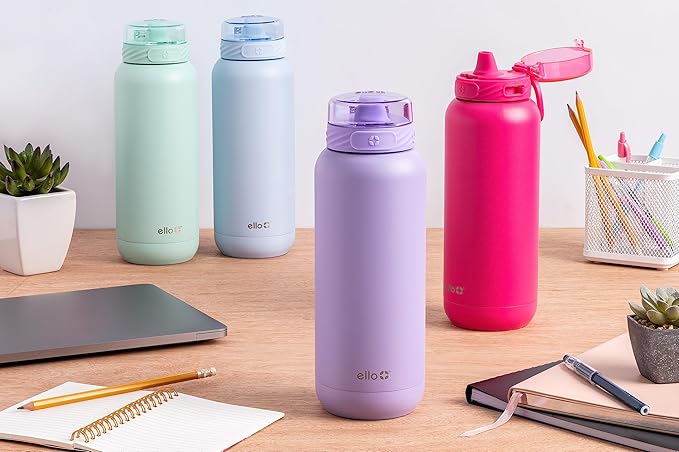 Ello Cooper 22oz Stainless Steel Water Bottle with Straw and Carry Handle, Double Walled and Vacuum Insulated Metal, Leak Proof Locking Lid with Soft Silicone Spout, Reusable, BPA Free, Lilac