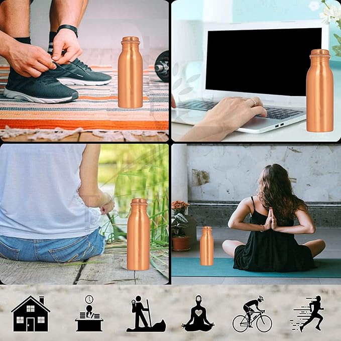 Pure Copper Water Bottle - Handcrafted - Ayurveda health benefits - Large 17.50 oz - Leak proof - Easy to carry for Sports, Fitness, Yoga, School - Natural Copper Finish