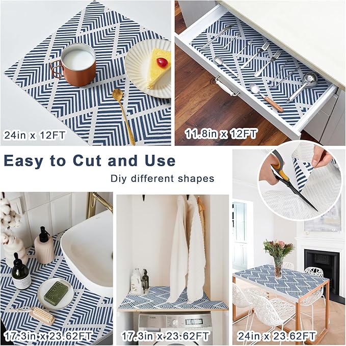 Shelf Liners for Kitchen Cabinets Non-adhesive, 24in x 12FT Drawer Liner Non Slip Shelf Paper, Waterproof Easy to Clean Surface, Thicken Strong Grip for Pantry Cupboard Dresser Mat, Blue Stripe