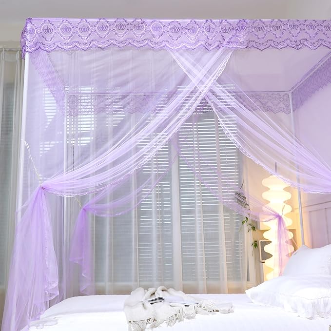 Bed Canopy, Princess Bed Curtain Net for Girls & Adults,Three-Doors Rectangle Lace Dome Netting (Purple, King)