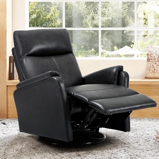 Swivel Rocking Recliner Glider Chair, Leather Reclining Rocker Chair with Footrest for Living Room, Nursery, Office, Bedroom, Ergonomic High Backrest, Wide Seat Cushion and Metal Base-Charcoal