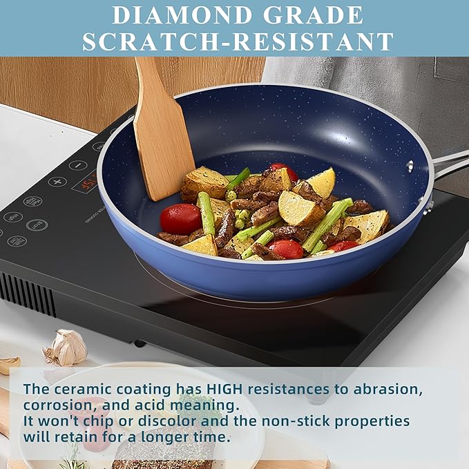 Nuwave Healthy Duralon Blue Ceramic Nonstick Cookware Set, Diamond Infused Scratch-Resistant, PFAS Free, Dishwasher & Oven Safe, Induction Ready & Evenly Heats, Tempered Glass Lids & Stay-Cool Handles