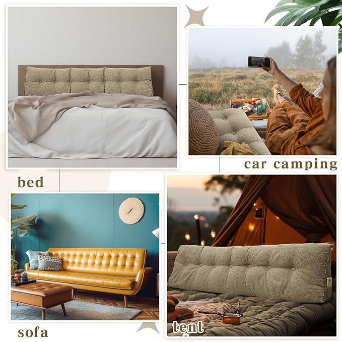 Wenqik Wedge Pillow Triangular Dorm Headboard Bed Rest Reading Backrest Back Support Long Bolster Pillow with Removable Cover for Dorm Room Supplies(Khaki Gray,King (79 x 20 x 8 Inch))