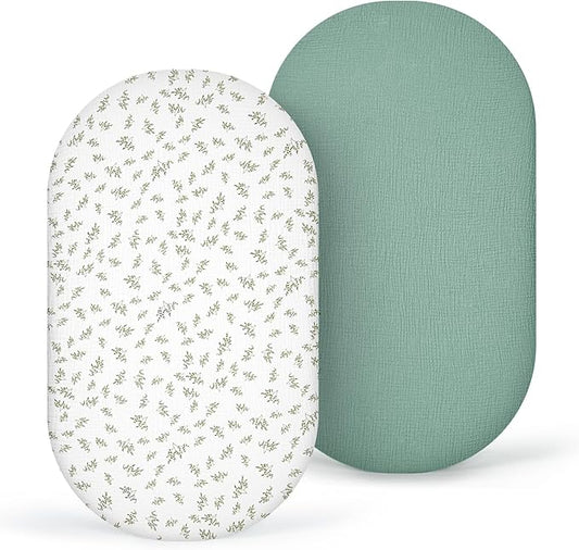 Muslin Bassinet Sheets Baby: Cotton Bassinet Sheets Fitted for Boys and Girls - Bassinet Sheets for Oval Rectangle or Hourglass Mattress(Lotus Leaf)