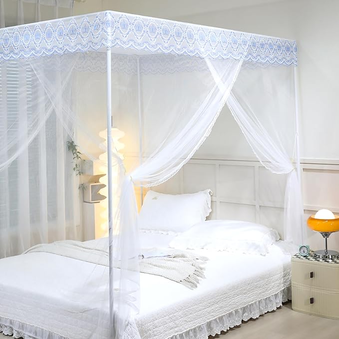 Bed Canopy, Princess Bed Curtain Net for Girls & Adults,Three-Doors Rectangle Lace Dome Netting (White, King)