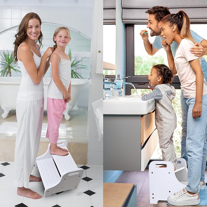 Wooden Step Stool for Kid Toddler, Potty Training for Children with 2 Built-in Handle 300lbs Load Capacity, Acacia Foot Stool Helps Your Kid Independently for Brushing, Grabbing Things (White)