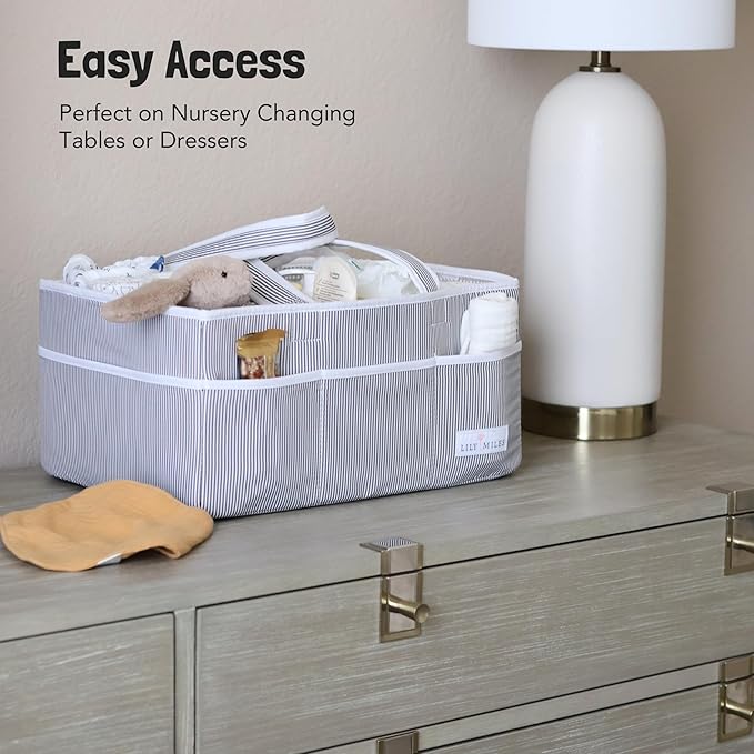 Lily Miles Baby Diaper Caddy Organizer - Baby Shower Basket for Newborn Boys or Girls - Nursery Must Haves for New Mom - Baby Registry Favorites - Large Storage Tote for Changing Table or Car, Gray