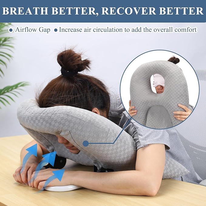 Newly Upgraded Face Down Pillow After Eye Surgery, Prone Pillow with Arm Hole for Face Down Sleeping, Retina and Vitrectomy Lying Pillow, Post Eye Surgery Recovery (Light Grey)