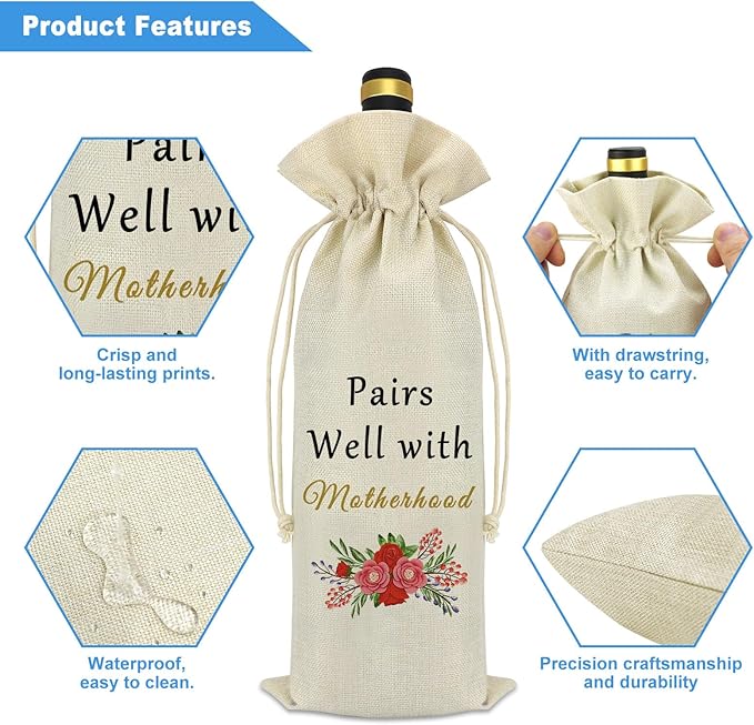 New Mom Gifts Motherhood Wine Bag Pregnancy Gifts for First Time Moms Mothers Day Gift Mom To Be Gift New Mommy Gifts Drawstring Wine Bags Party Decoration Wine Bottle Cover Bag Mom Gifts for New Mom