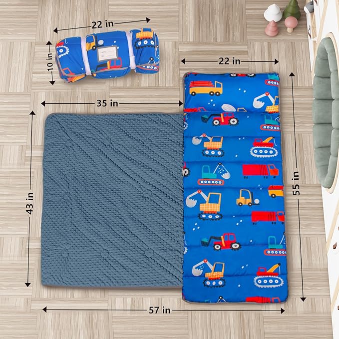 Nap Mat- Toddler Nap Mat with Pillow & Fleece Blanket- 55''*23''*2'' Nap Mat for Toddlers- Nap Mats for Preschool, Daycare(Rubber Band Style Blue Excavator)