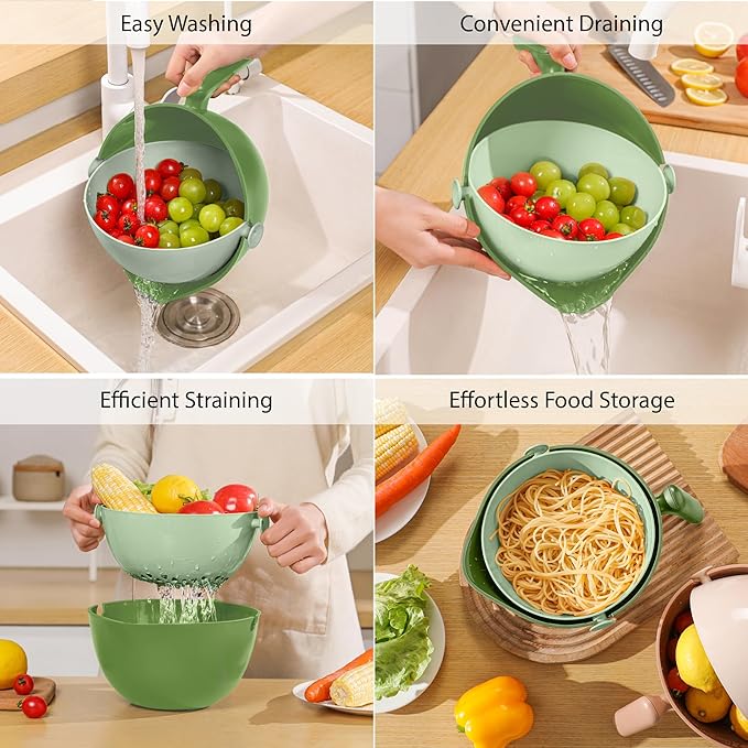 Chef's Path 2 in 1 Kitchen Strainer and Colander for Kitchen, Multifunctional Food Strainer Set, BPA Free Plastic Colander with Handle, Pasta Drainer, Veggie and Fruit Cleaner - Green