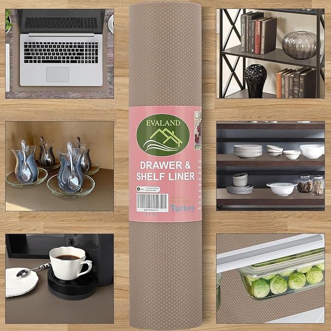 EVALAND 12 INCHES x 33 FEET (394 Inches) Non-Slip Shelf Liner, EVA Kitchen Liner, Non-Adhesive Liner, Smooth Drawer Liner, Durable Strong Grip Liner, Stain-Proof Shelf, Cabinet Liner, Beige