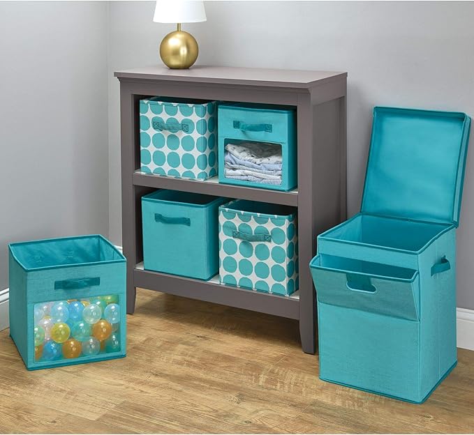 iDesign Dot Fabric Storage Cube Bin, Medium Basket Container with Dual Side Handles for Closet, Bedroom, Toys, Nursery - Teal