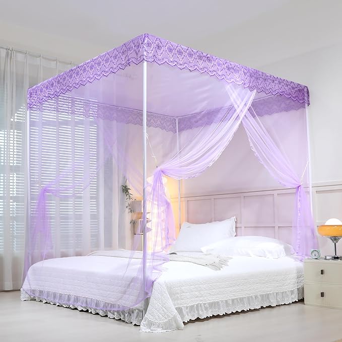 Bed Canopy, Princess Bed Curtain Net for Girls & Adults,Three-Doors Rectangle Lace Dome Netting (Purple, King)