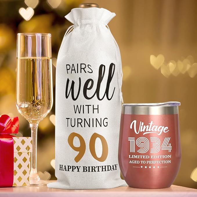 Lifecapido 90th Birthday Gifts for Women, Vintage 1934 Limited Edition Insulated Wine Tumbler with Wine Bag, Gifts for 90 Year Old Woman, 90th Birthday Gift Ideas for Mom Grandma Wine Lover, 12 oz