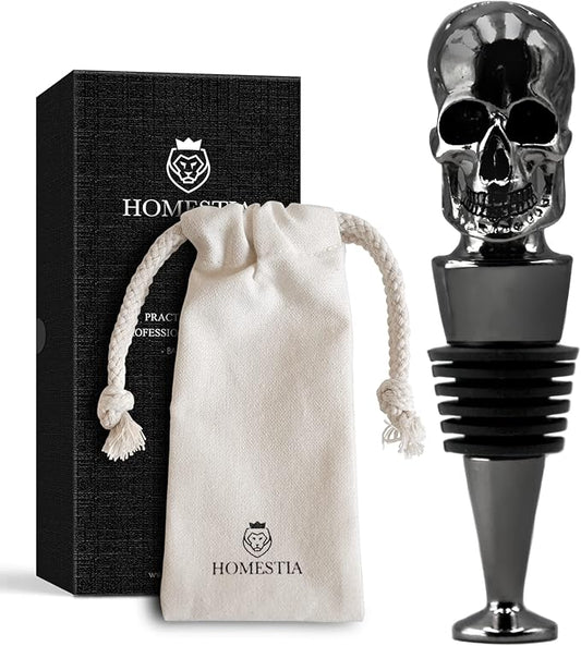 Homestia Wine Bottle Stoppers for Glass Bottles, Skull Bottle Stopper Reusable Wine Corks Black Wine Tool, Zinc-Alloy Silicone Wine Stoppers, Wine Toppers with Decors