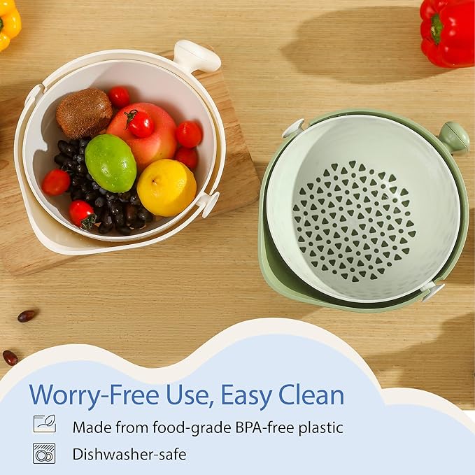 Chef's Path 2 in 1 Kitchen Strainer and Colander for Kitchen, Multifunctional Food Strainer Set, BPA Free Plastic Colander with Handle, Pasta Drainer, Veggie and Fruit Cleaner - Green