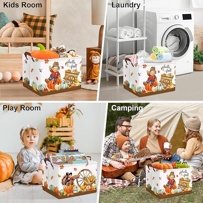 Clastyle Rectangular Scarecrow Cart Fall Basket Farm Harvest Turkey Thanksgiving Storage Bin Maple Leaf Pumpkin Large Gift Basket Autumn Clothes Toy Book Shelf Basket